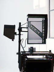 Carbon Fibre Hood for eizo screen in portrait orientation, mounted on an inovativ deploy type cart.  Additional iPad Pro used as a vertical screen on an xLamina iPad mounting system